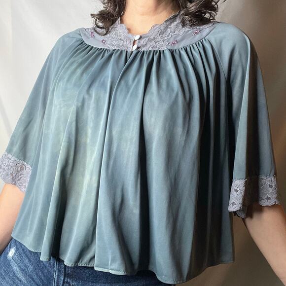 Vintage 60s lace trimmed bed jacket tie dye dyed teal blue cropped layering M - Picture 17 of 17